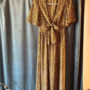 Audrey Floral Midi Dress with Plunge Neckline, Tie Front & Flutter Sleeves